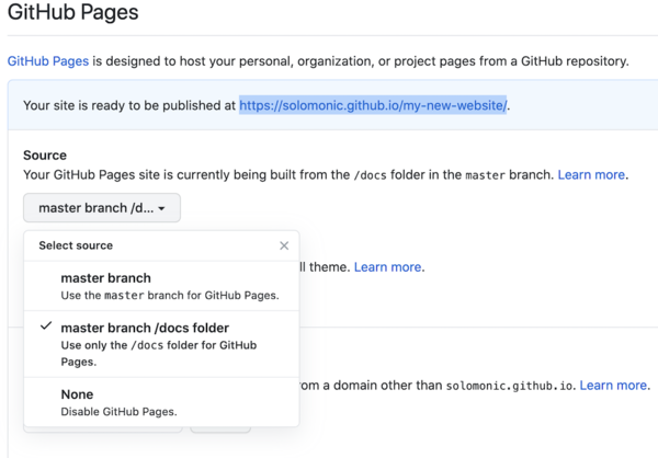 Choose GitHub Pages source folder